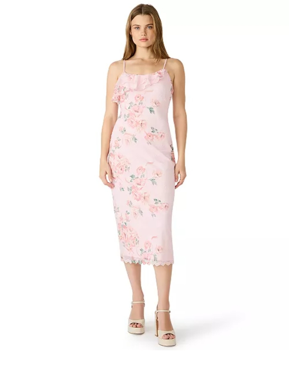 Steve Madden Pink Floral Ruffle Slip Midi Dress